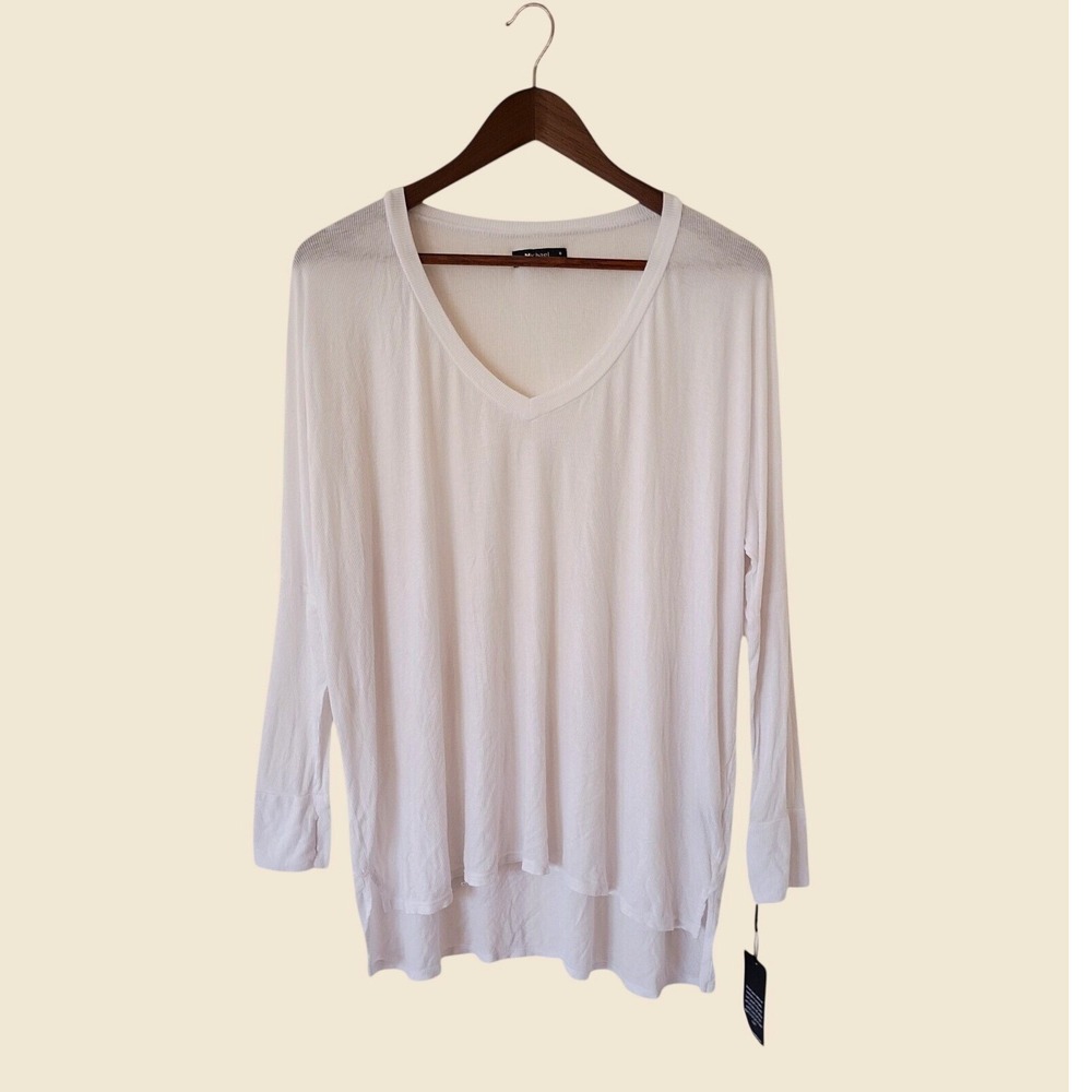 Michael Lauren White Ribbed V-Neck Long Sleeve Thumbhole Top Size M Relaxed Fit